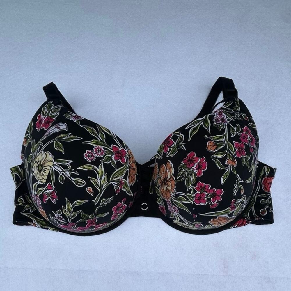 Torrid 44DDD Floral T-Shirt Bra Underwire Padded Full Coverage Black